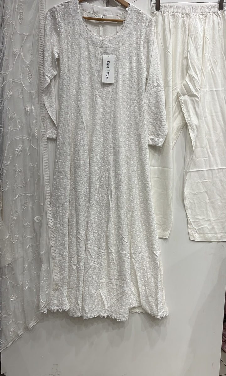 WS01 - White chikankari Long Dress 3-Piece Pakistani Suit