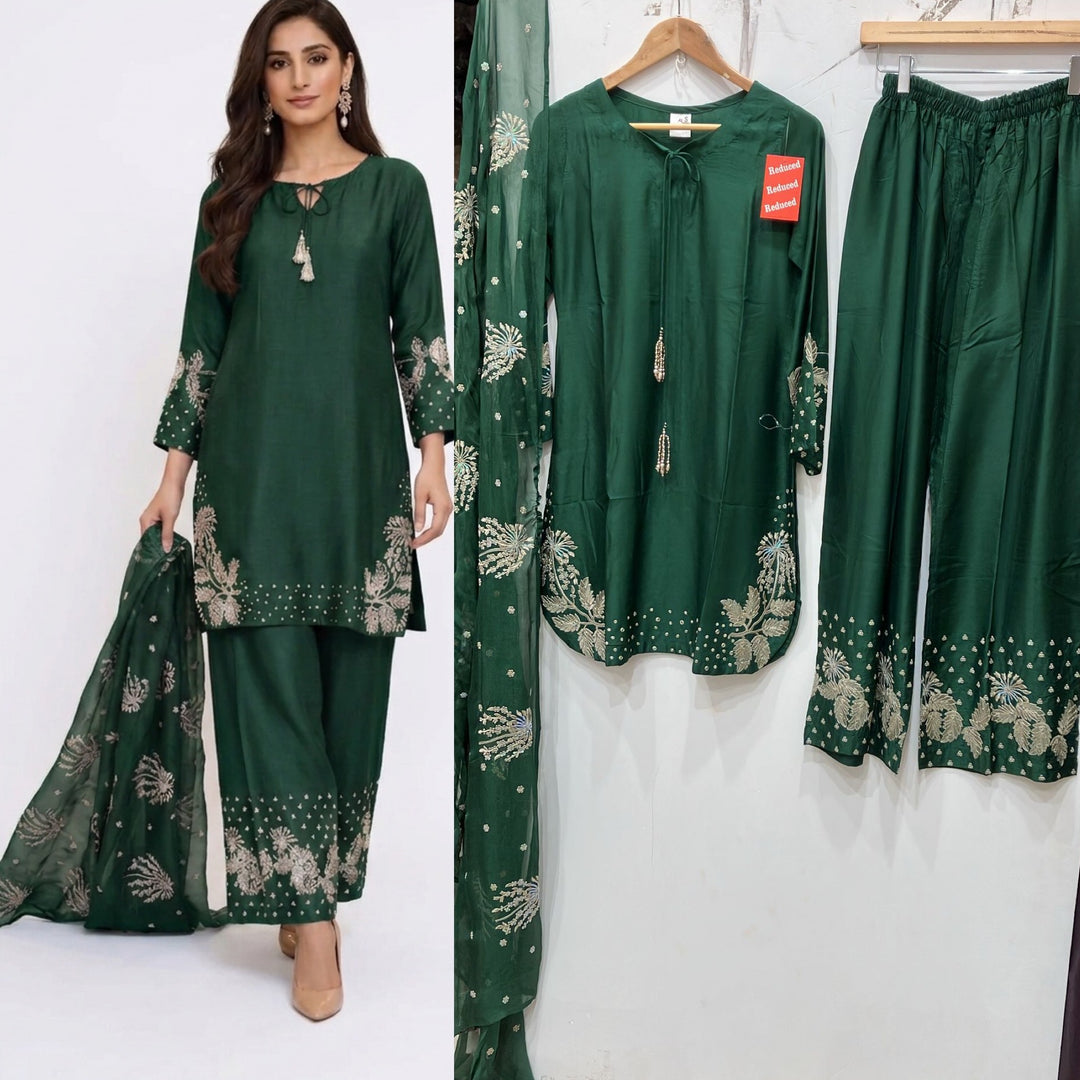 1179H - Green Embroidered Viscose 3 Piece suit