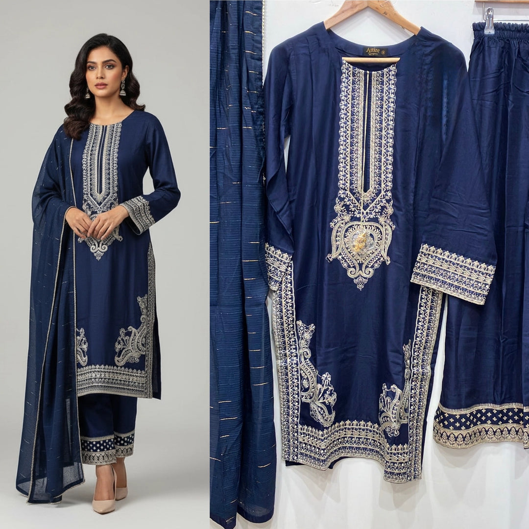 1176A - BLUE LINEN EMBROIDERED 3 PIECE SUIT