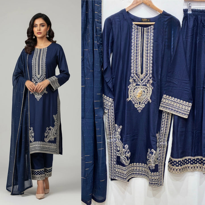 1176A - BLUE LINEN EMBROIDERED 3 PIECE SUIT