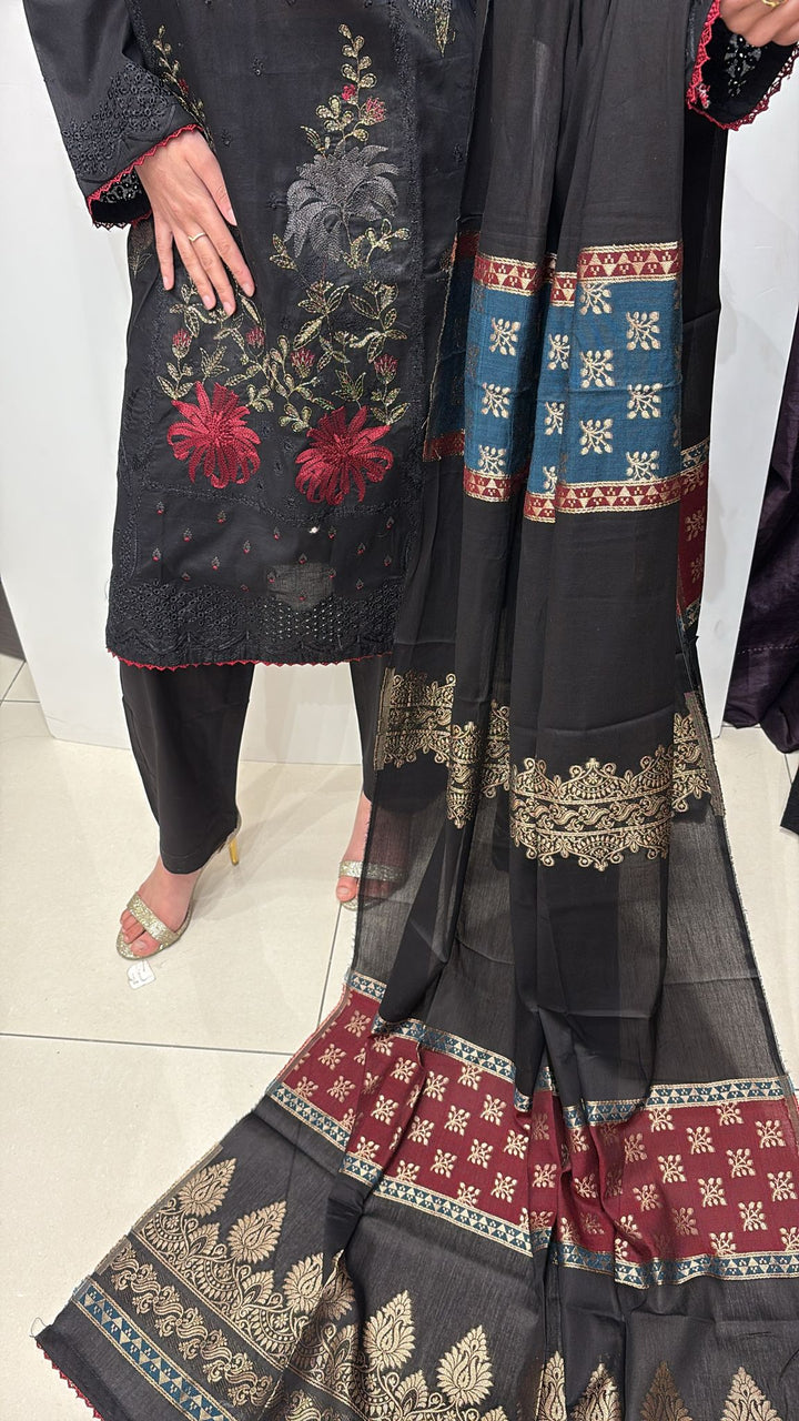 GBR03 - BLACK EMBROIDERED COTTON SUIT JACQUARD DUPATTA