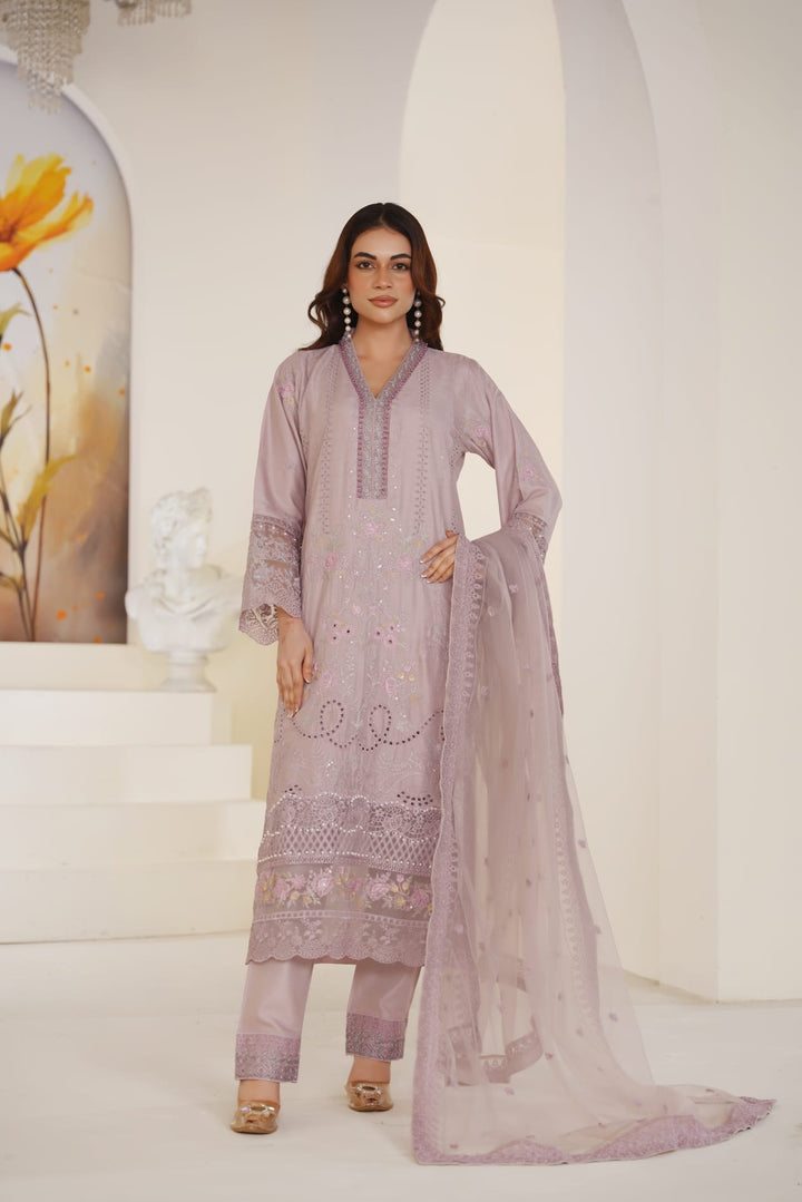 1165B - Mauve Embroidered Linen Chikankari 3 Piece suit