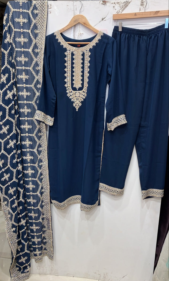 316A- BLUE EMBROIDERED CHIFFON 3 PIECE SUIT