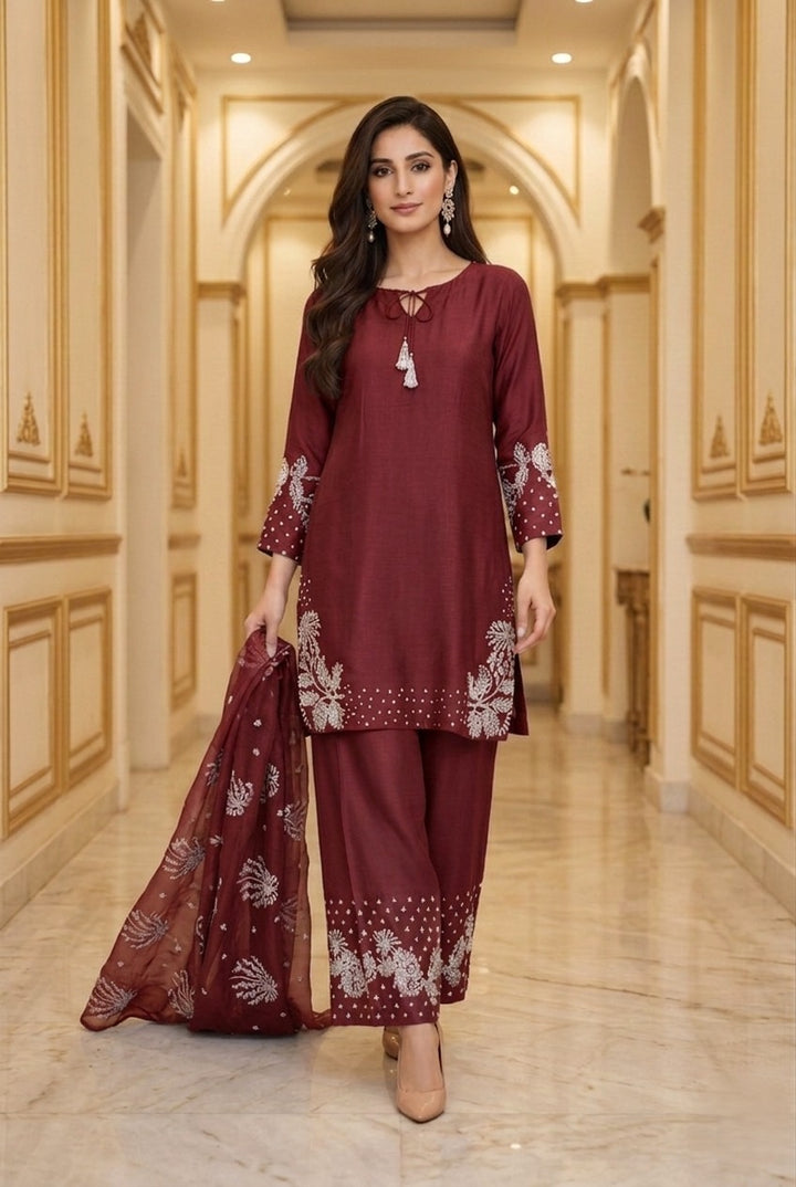 1179H - Maroon Embroidered Viscose 3 Piece suit