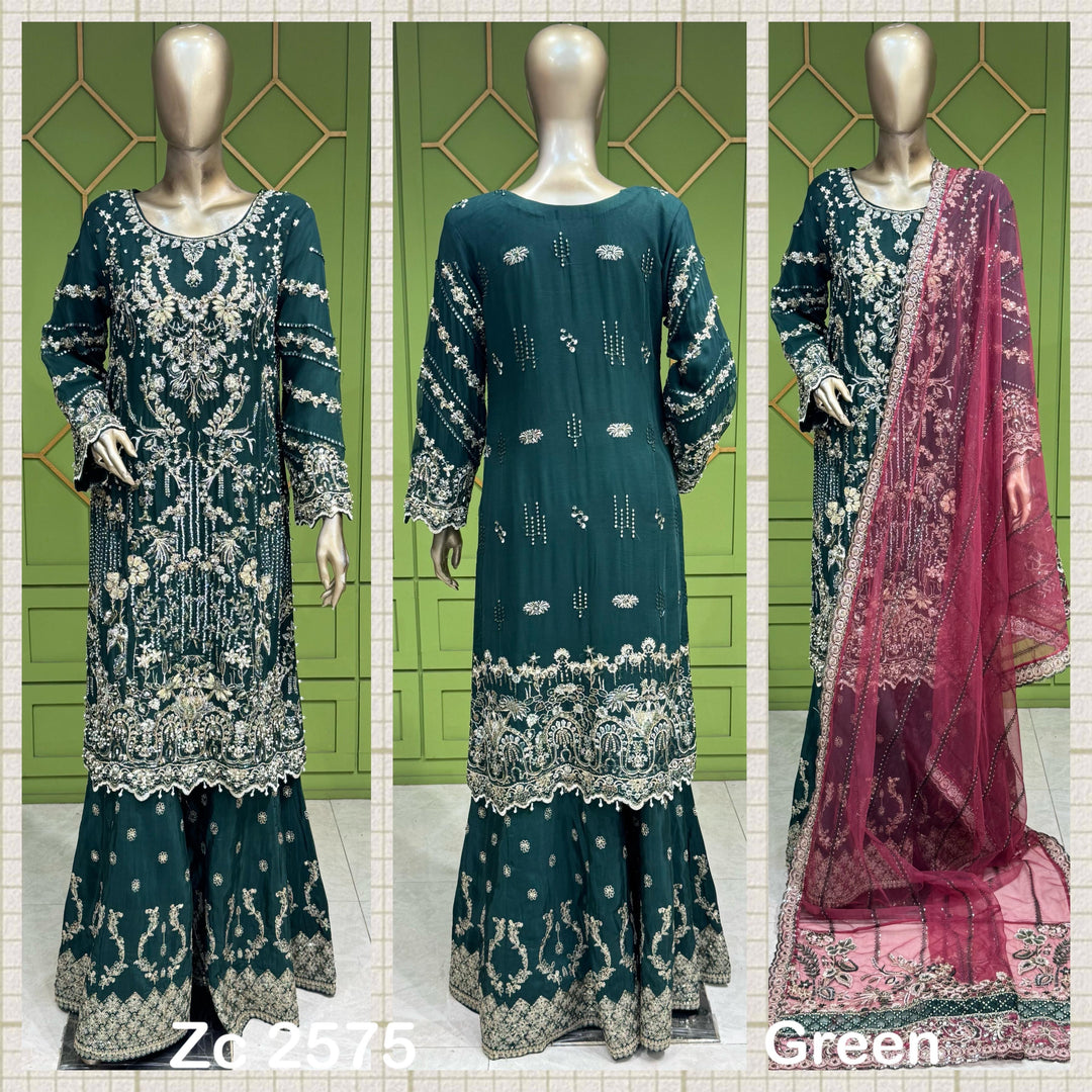 354A - Green Embroidered Chiffon Sharara 3 Piece Suit