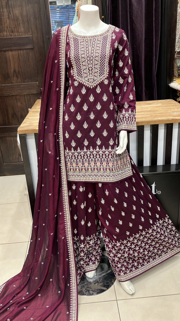 HEAVY EMBROIDERED SILK SHARARA SUIT 3 PIECE 153F