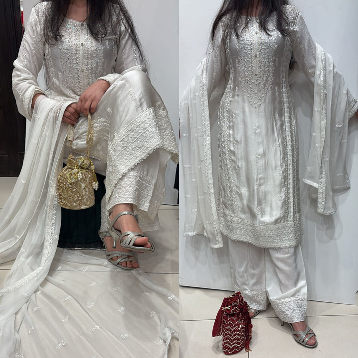 AG21c- OFF-WHITE EMBROIDERED SILK 3 PIECE SUIT