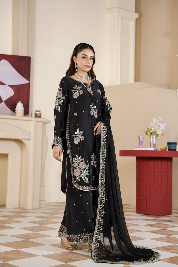 333B - Black Embroidered Shamoz Silk 3 Piece Suit