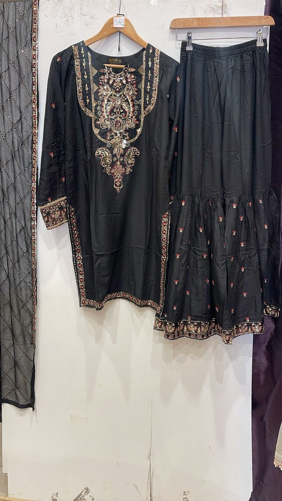1162E - Black Embroidered Linen 3 Piece Sharara suit