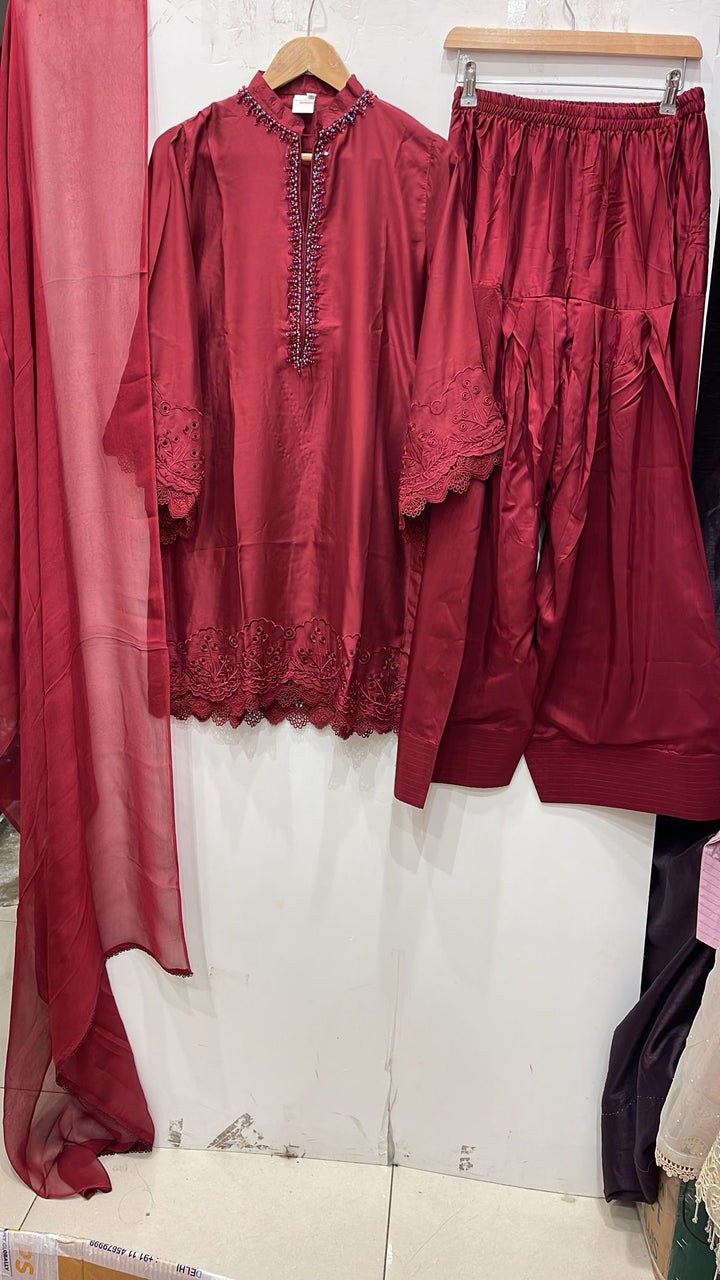 NF07 - Red Farshi Shalwar Embroidered linen suit