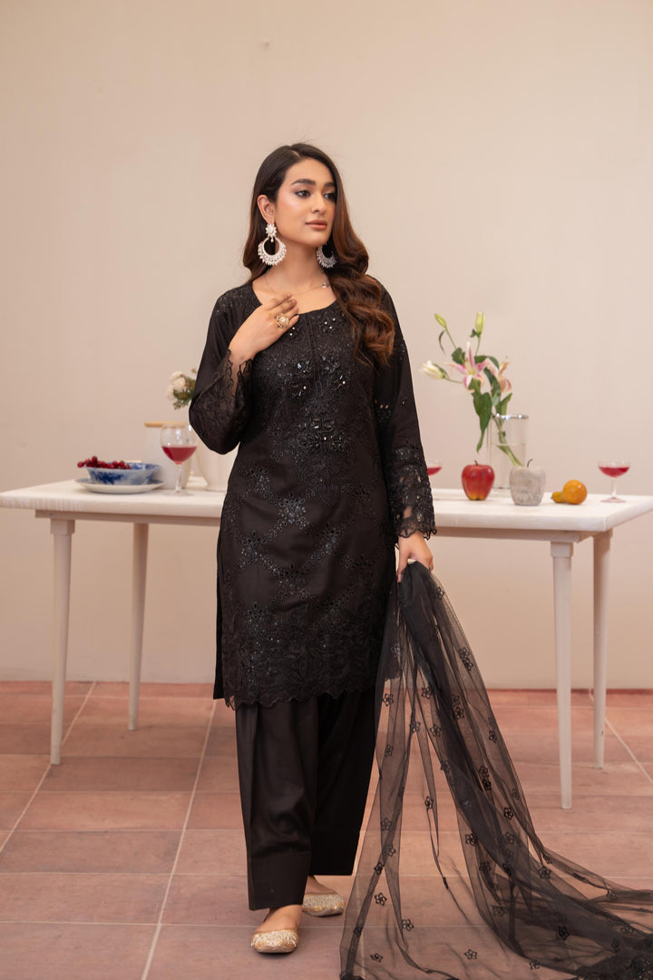 74K - Maria b inspired Black Farshi Shalwar Embroidered Linen suit