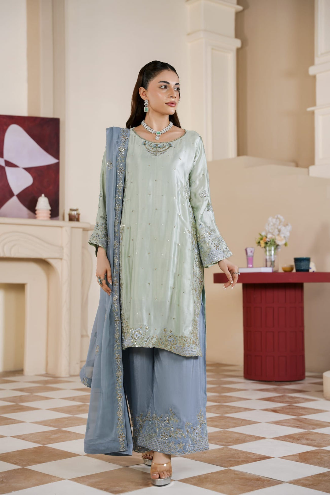 333G - Embroidered Shamoz Silk 3 Piece Suit - East meets west clothing 