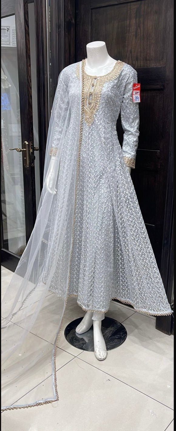 EMBROIDERED NET LONG DRESS 3 PIECE 307M