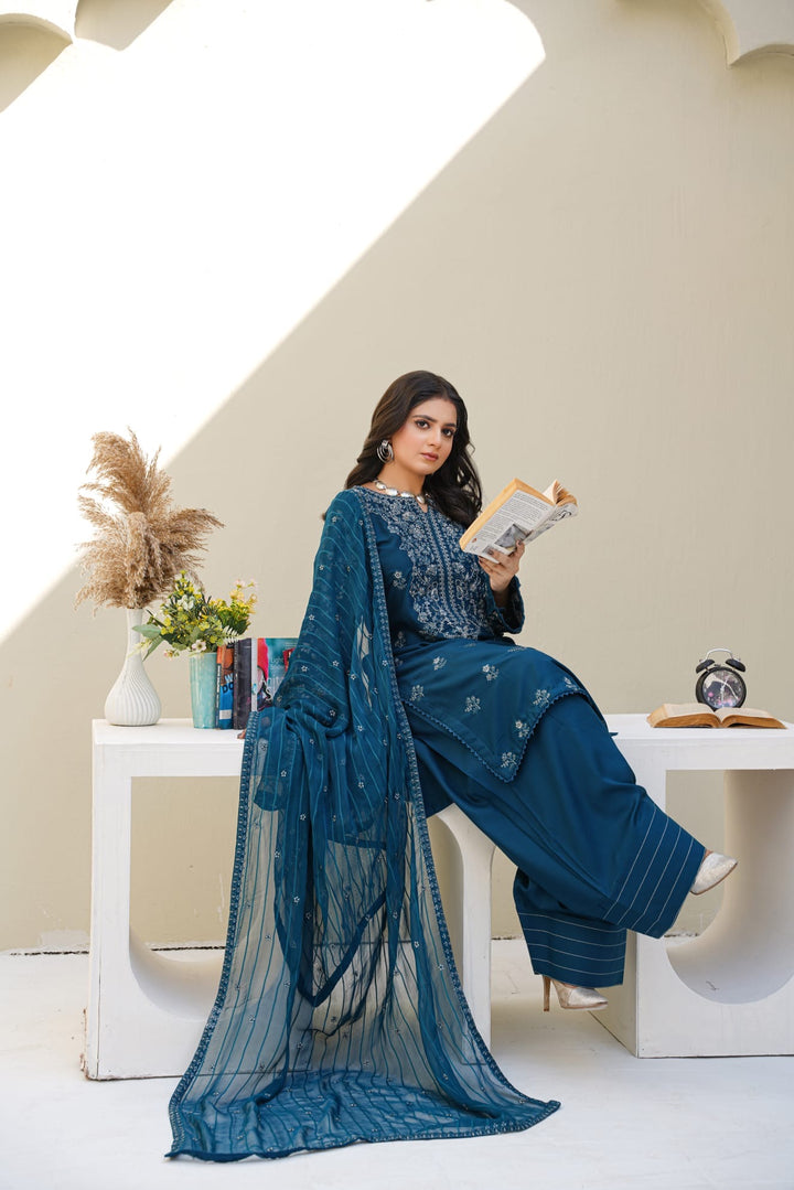1164B- TEAL BLUE LINEN EMBROIDERED 3 PIECE SUIT FARSHI SHALWAR