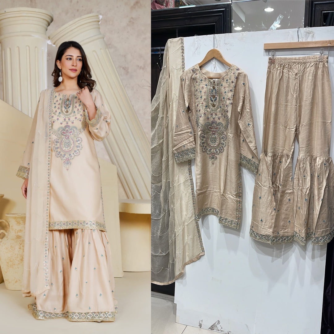 1162B - Beige Embroidered Linen 3 Piece Sharara suit