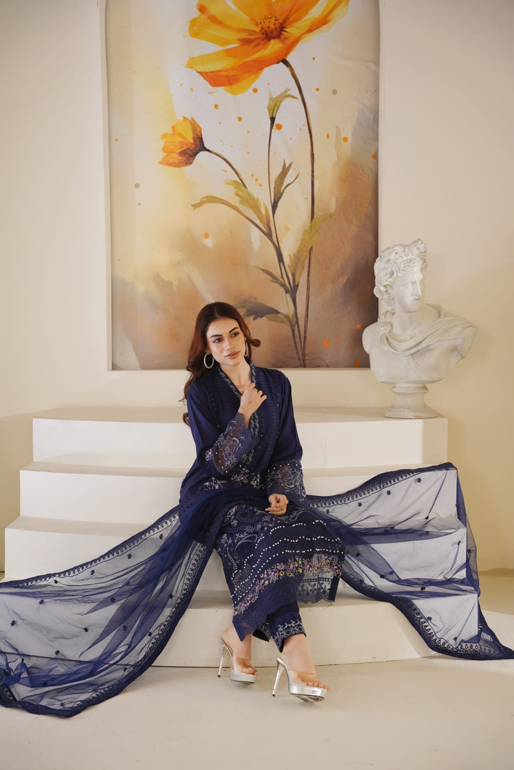 1165D - Blue Embroidered Linen 3 Piece suit
