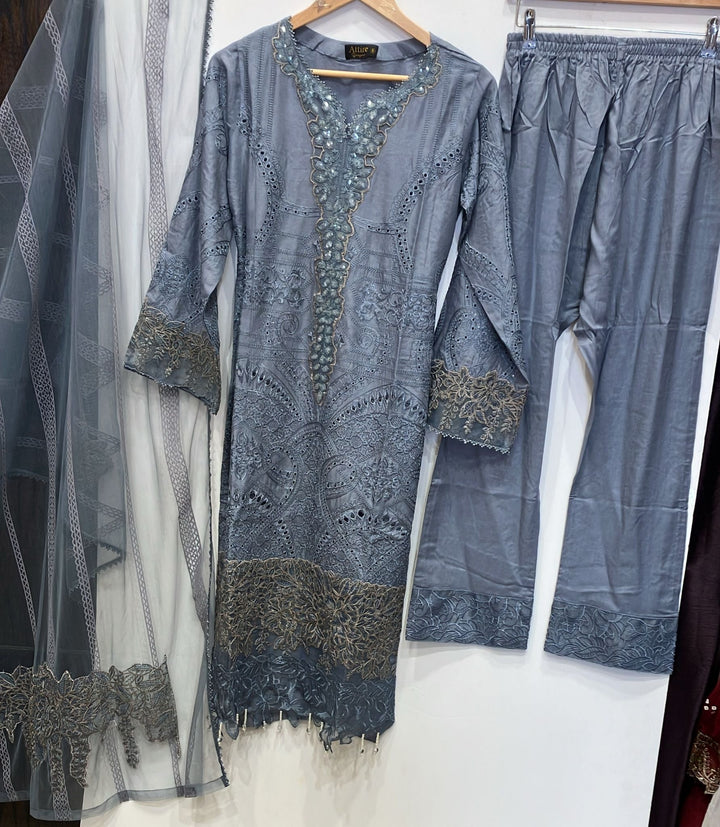 1173M - Grey Embroidered Linen 3 Piece suit