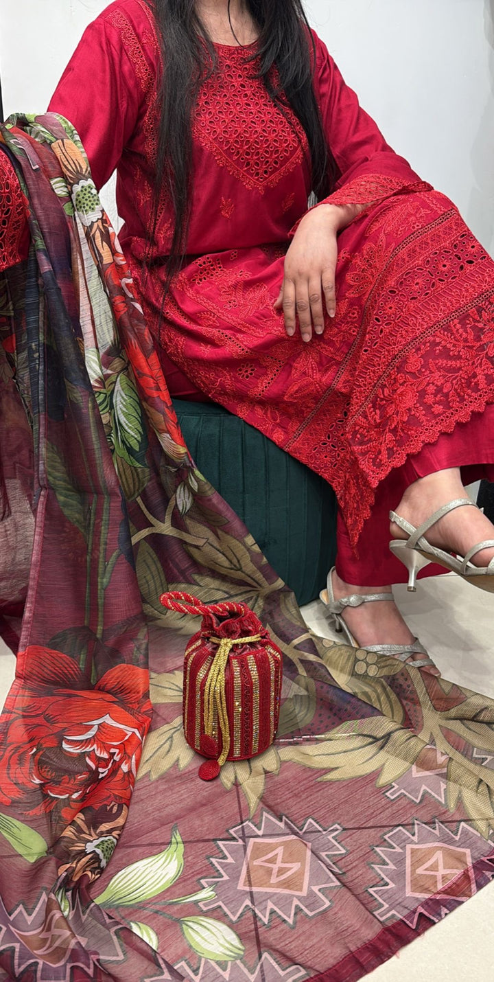 LP07C - RED EMBROIDERED LINEN 3 PIECE SUIT
