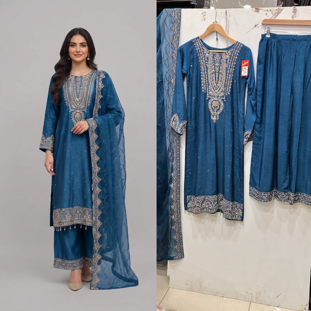 364D- Blue Embroidered Silk 3 Piece Suit