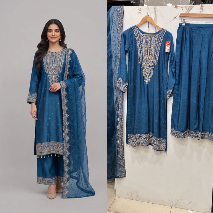 364D- Blue Embroidered Silk 3 Piece Suit