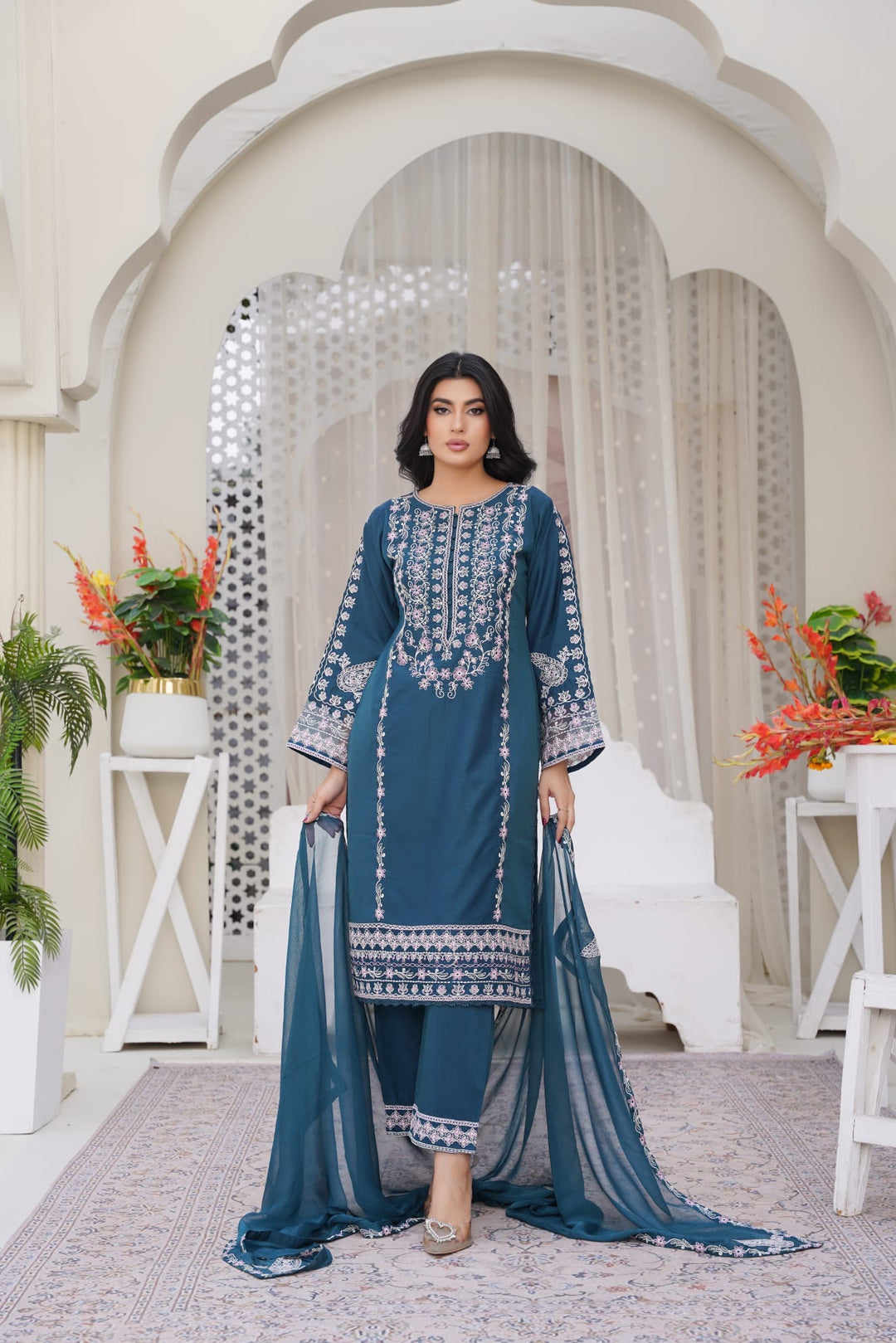 1172B - Teal Embroidered Linen 3 Piece suit