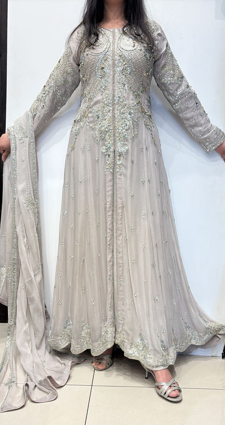 GREY EMBROIDERED CHIFFON 3 PIECE SUIT 424C
