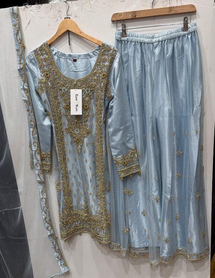 142B LIGHT BLUE EMBROIDERED & EMBELLISHED NET 3 PIECE SUIT