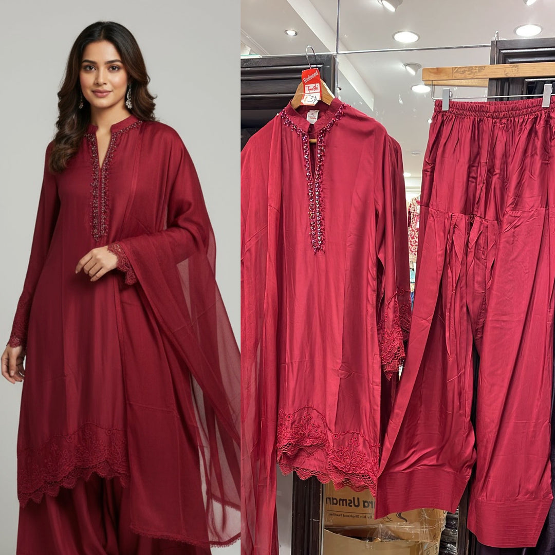 LF05 - Red Farshi Shalwar Embroidered linen suit