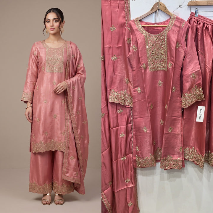 315A- ROSE PINK EMBROIDERED SHIMMER SILK 3 PIECE SUIT