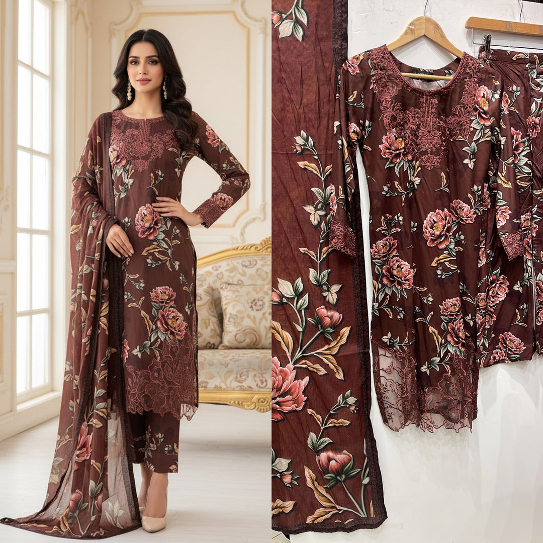 KB01 - EMBROIDERED LINEN PRINT 3 PIECE SUIT