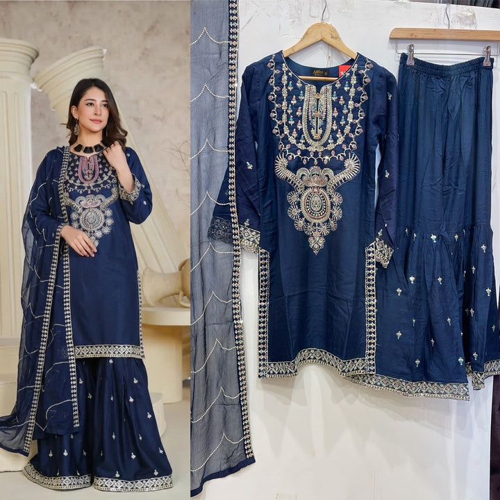 1162F - Blue Embroidered Linen 3 Piece Sharara suit