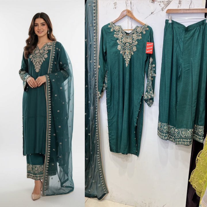360D- Green Embroidered Silk 3 Piece Suit