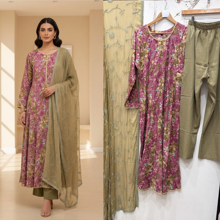 GS03 - Pink Floral Cotton Long Dress 3-Piece Pakistani suit