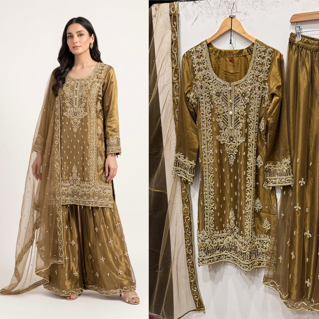 142A EMBROIDERED & EMBELLISHED NET 3 PIECE SUIT - East meets west clothing 