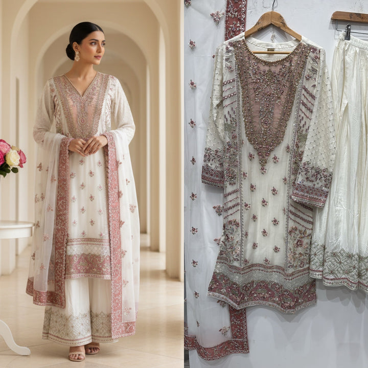 352D- IVORY CHIFFON EMBROIDERED 3 PIECE SUIT