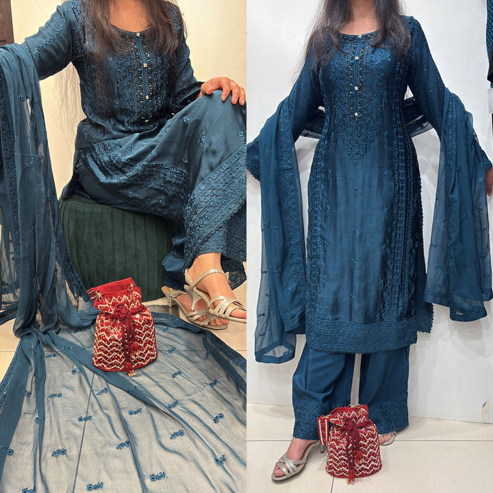 AG21d- TEAL EMBROIDERED SILK 3 PIECE SUIT