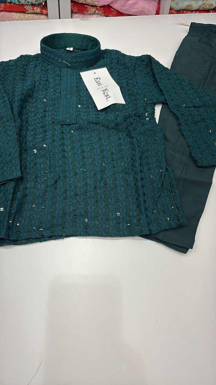 CK709 - Green Cotton Chikankari Set for Boys and Men