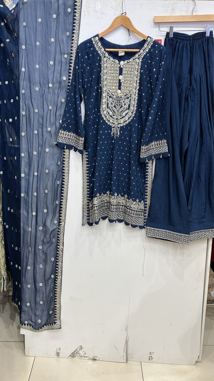 362C- Blue Embroidered Silk Farshi Shalwar 3 Piece Suit