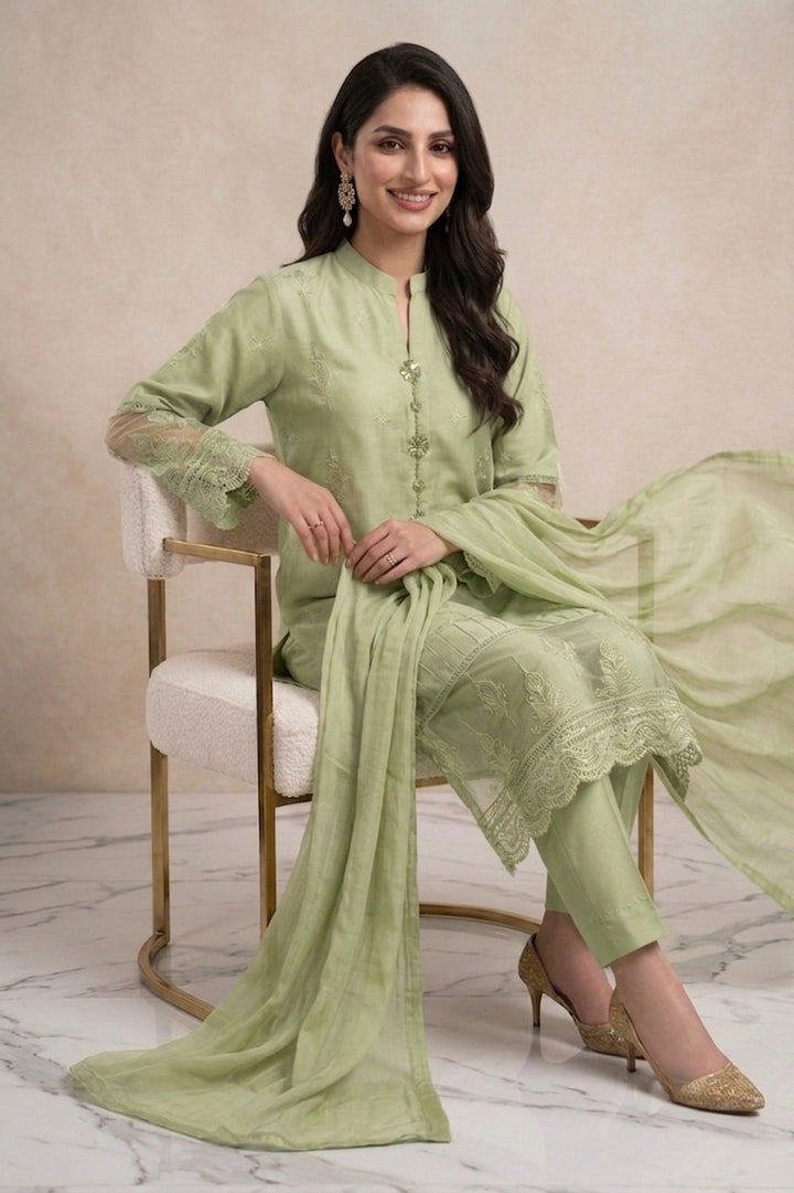 1114C - Light Green Embroidered Linen 3 Piece suit