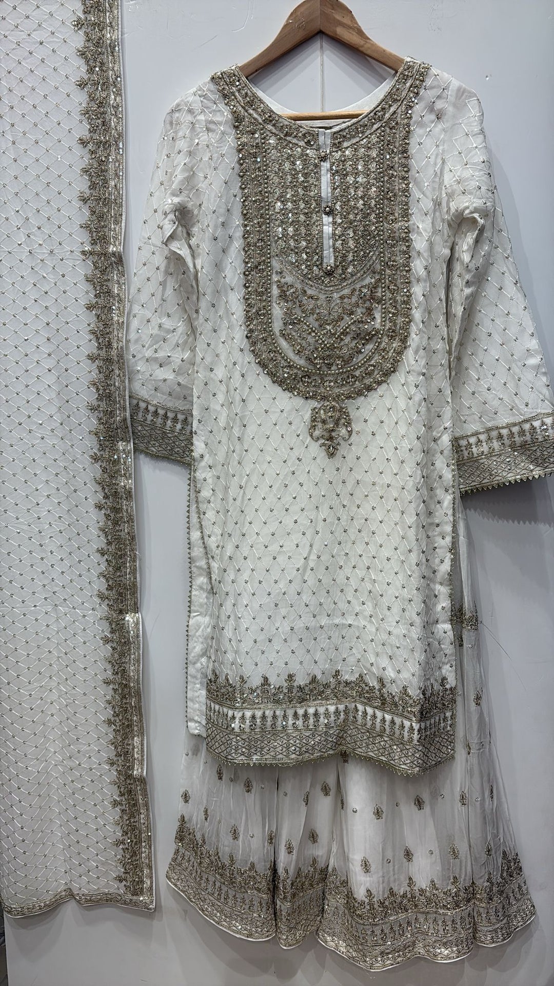 381B- OFF-WHITE CHIFFON EMBROIDERED SHARARA SUIT