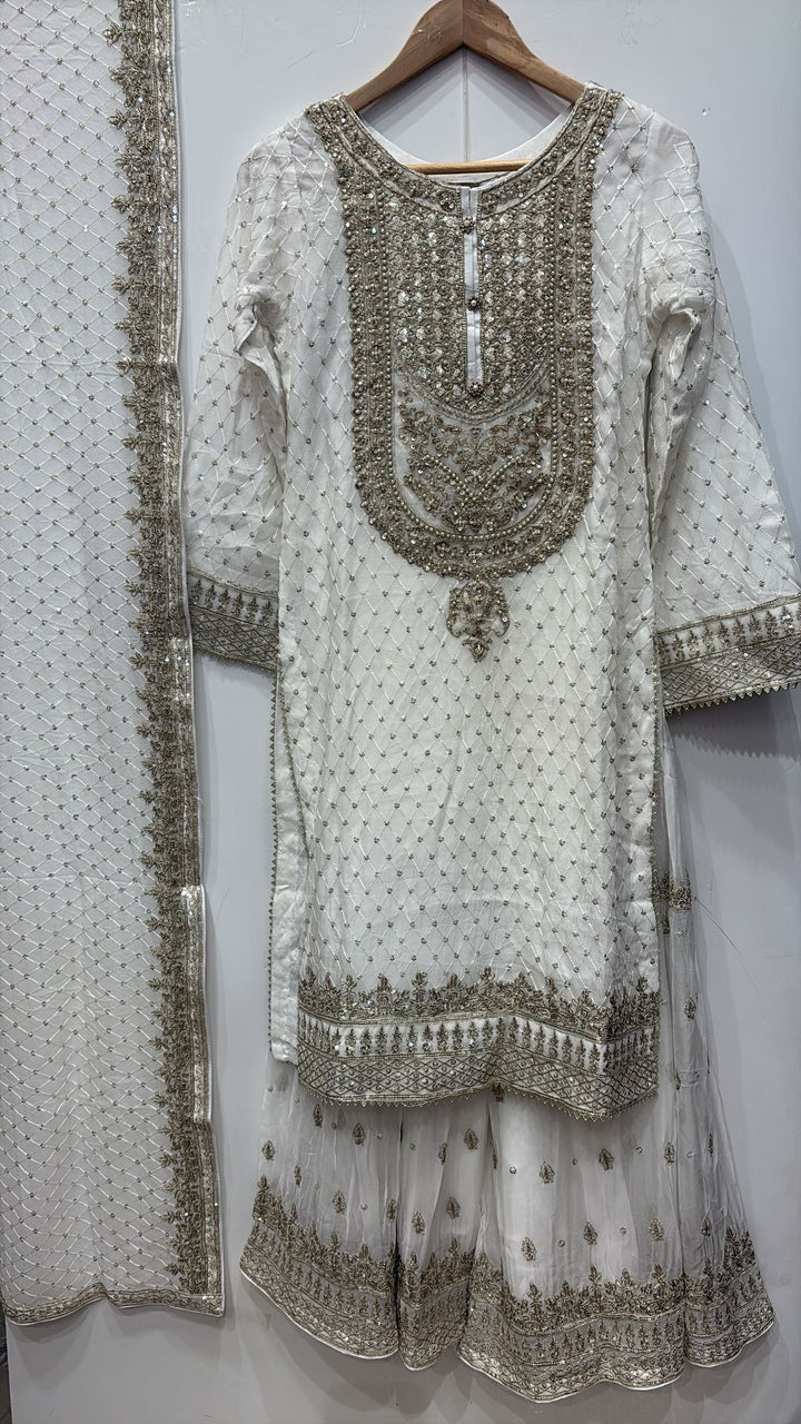 381B- OFF-WHITE CHIFFON EMBROIDERED SHARARA SUIT