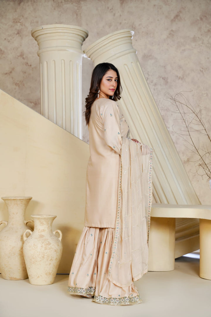 1162B - Beige Embroidered Linen 3 Piece Sharara suit