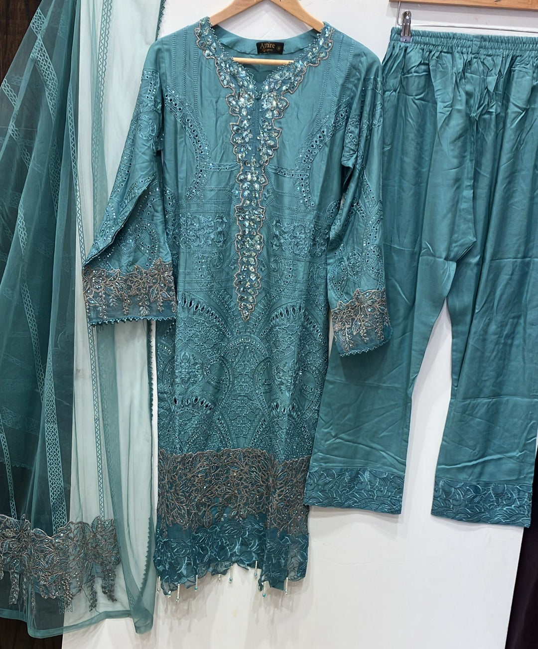 1173P - Light Teal Embroidered Linen 3 Piece suit