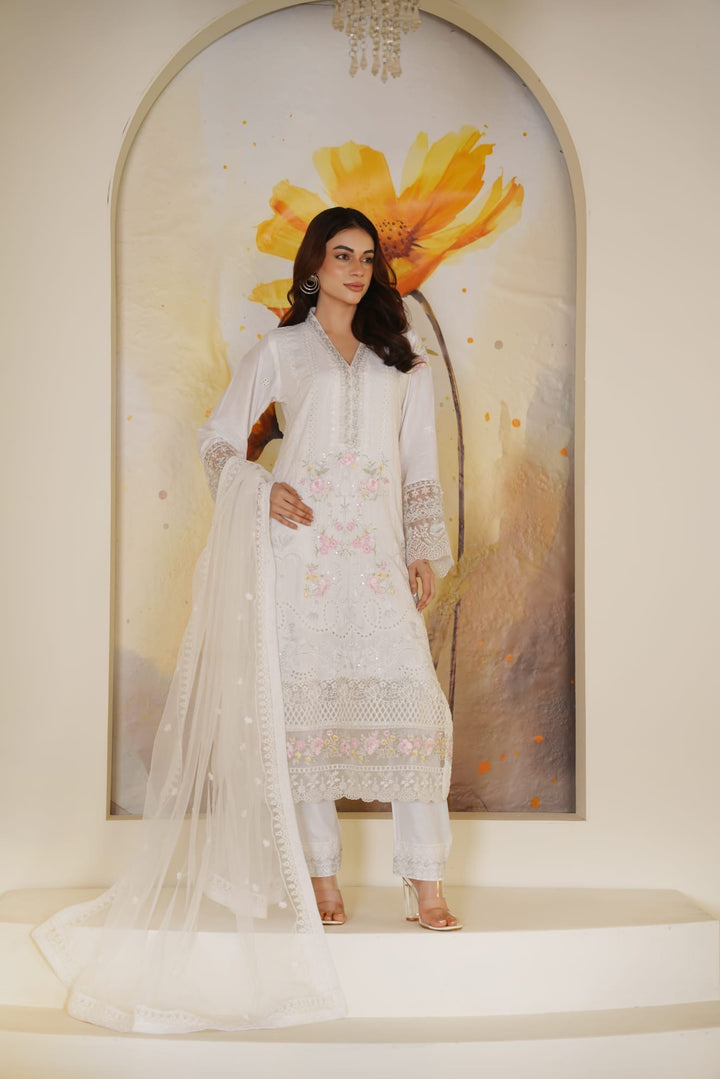 1165C - White Embroidered Linen Chikankari 3 Piece suit