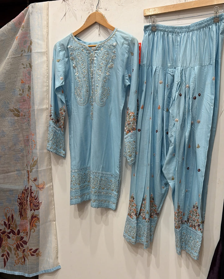1129E - Light Blue Viscose Shirt with Farshi Shalwar & Chiffon - East meets west clothing 