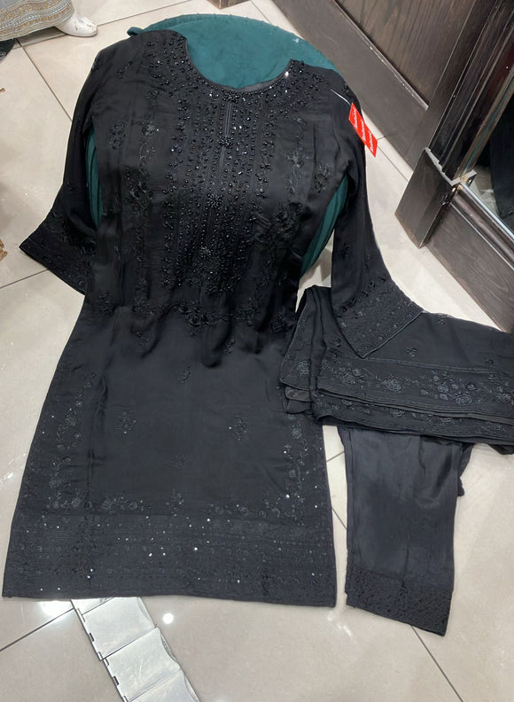 BLACK EMBROIDERED SILK 3 PIECE SUIT AG14