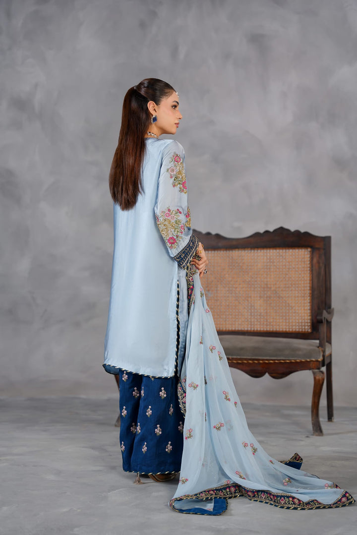 335E- Blue Embroidered Shamoz Silk 3 Piece Suit