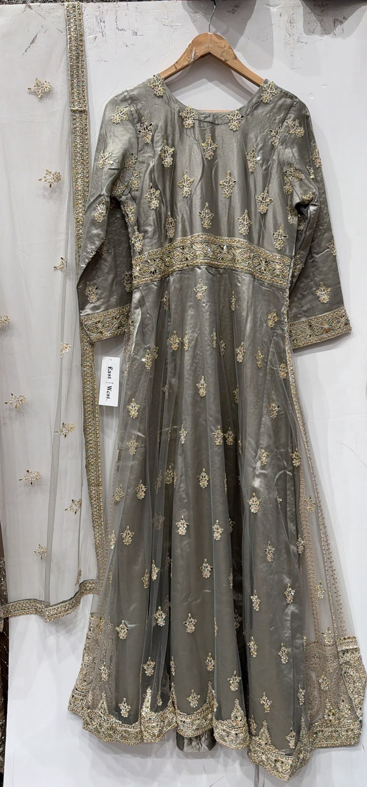 134A - Grey Net Embroidered Maxi Dress