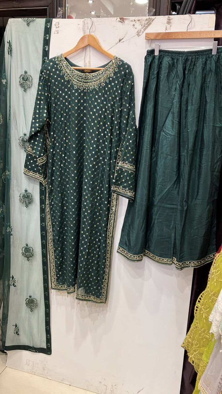 345D- Green Embroidered Chiffon 3 Piece Suit