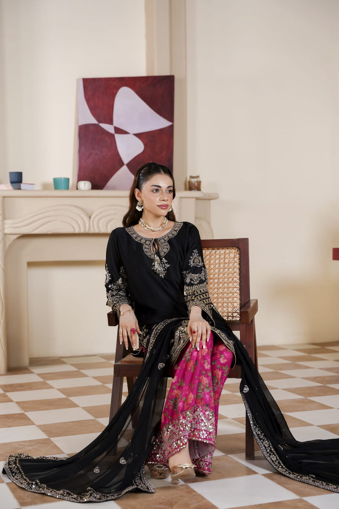 333C - Black/Pink Embroidered Shamoz Silk 3 Piece Suit